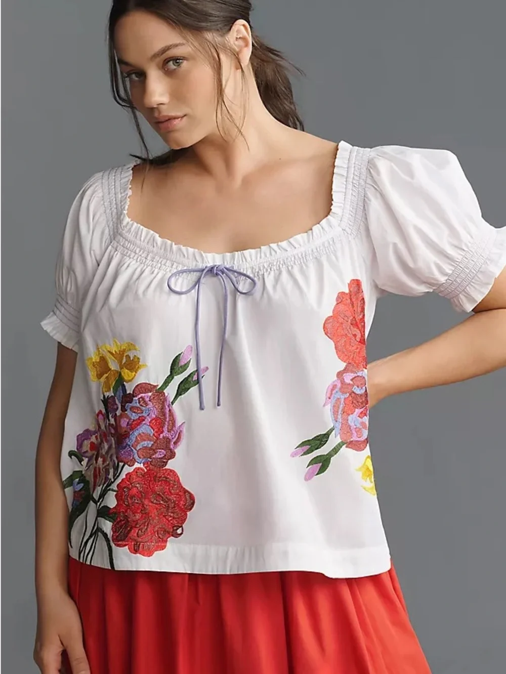 Anthropologie White Floral Embroidered Blouse